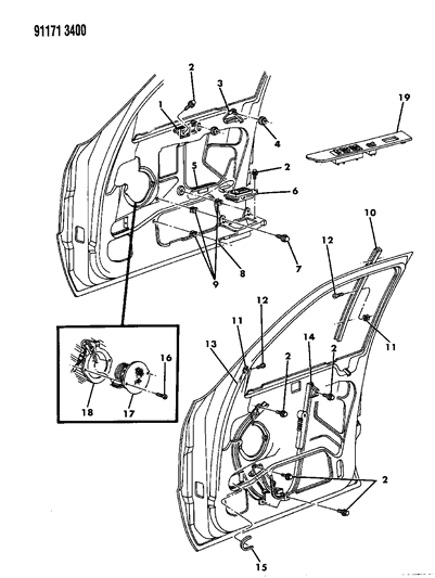 1991 Chrysler New Yorker Fifth Avenue Door, Front Regulator, Speaker & Bezel Diagram