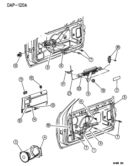 1994 Dodge Shadow Door - Front Glass - Regulator - Speaker Diagram