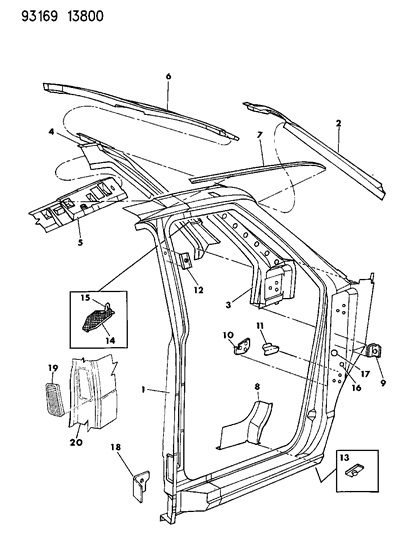 1993 Dodge Caravan Body Front Pillar & Aperture Panel Diagram