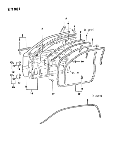 1989 Dodge Colt Door, Front Shell, Glass, Hinges And Weatherstrips Diagram
