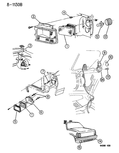 1994 Dodge Dakota Headlamp Assembly , (Aero) 1991, Right Diagram for V7104715AA