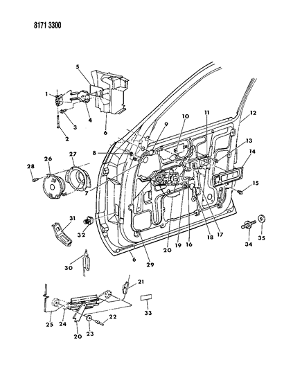1988 Chrysler LeBaron GTS Door, Front Shell, Handle And Control Diagram