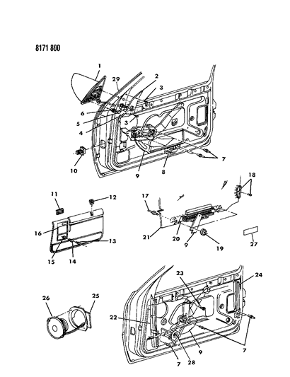 1988 Dodge Shadow Door, Front Glass, Regulators And Speakers Diagram