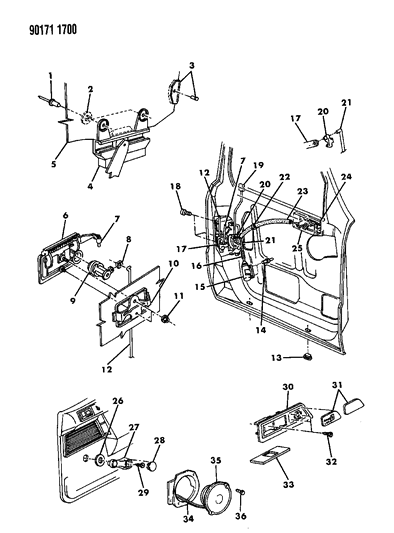 1990 Chrysler LeBaron Sedan Door, Front Glass, Handles & Controls Diagram