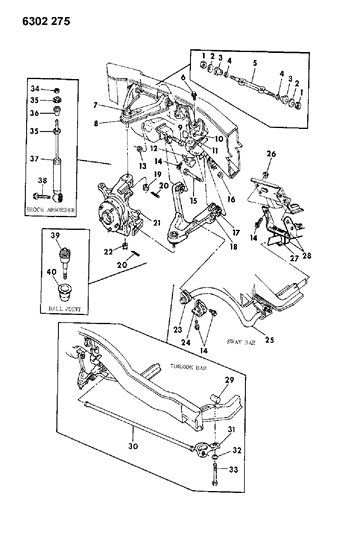 1987 Dodge Dakota Suspension - Front Torsion Bar With Shock Absorber & Sway Bar Diagram