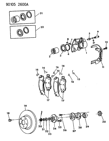 1990 Dodge Shadow Shoe, Lining And Clip Package, Front Wheel Disc Brakes Diagram for VAJ12715AA