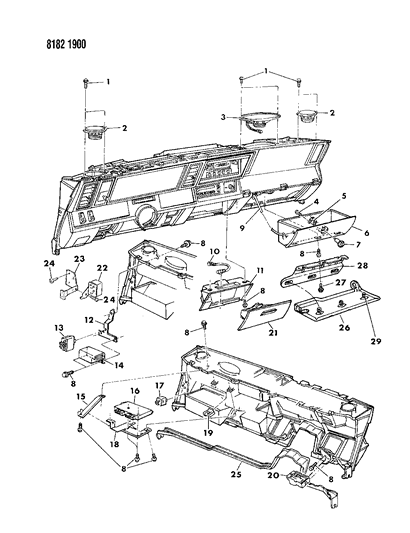 1988 Chrysler LeBaron Base Instrument Panel Glovebox, Speakers & Controls Diagram