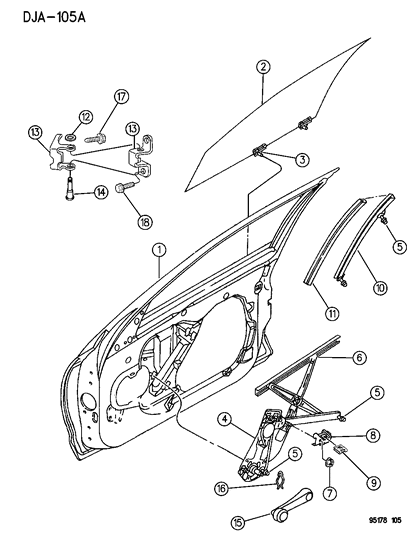 1995 Chrysler Cirrus Door, Front Hinge Shell, Glass & Regulator Diagram