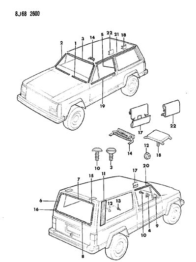 1990 Jeep Wagoneer Mouldings, Exterior - Upper Diagram 1 - Thumbnail