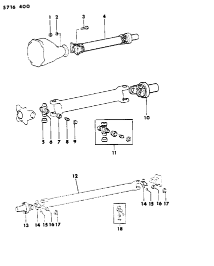 1986 Dodge Ram 50 Propeller Shaft, Front & Rear & Universal Joint Diagram