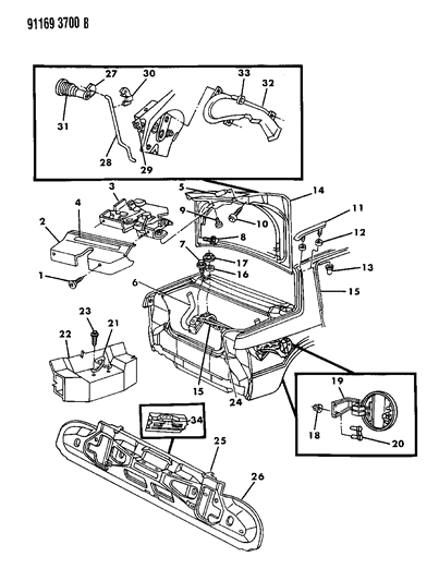 1991 Chrysler LeBaron Sedan Deck Lid & Lower Panel Fuel Filler Door Diagram