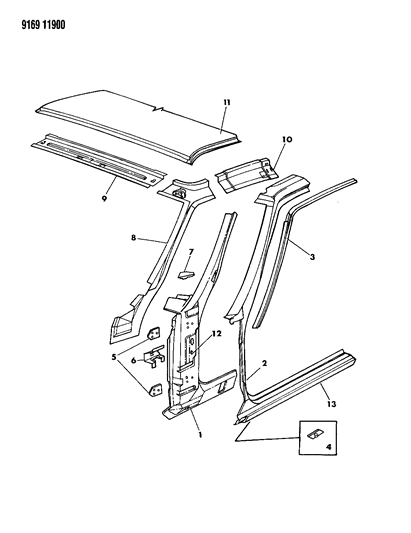 1989 Dodge Daytona Body Front Pillar & Roof Panel Diagram