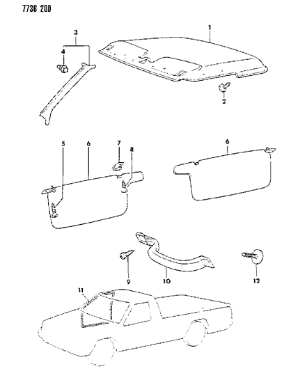 1987 Dodge Ram 50 Headliner, Mouldings, Visor & Assist Strap Diagram 1 - Thumbnail