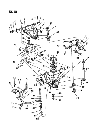 1989 Dodge Dakota Suspension - Front Coil & Shocks With Upper and Lower Control Arm & Sway Bar Diagram