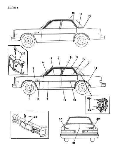 1985 Dodge Diplomat Mouldings & Ornamentation - Exterior View Diagram 3 - Thumbnail