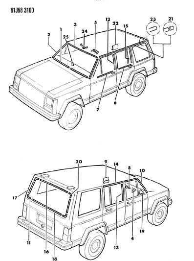 1984 Jeep Cherokee Mouldings, Exterior - Upper Diagram 2 - Thumbnail