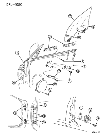 1995 Dodge Neon Door, Front Shell, Glass And Hinge Diagram 1 - Thumbnail