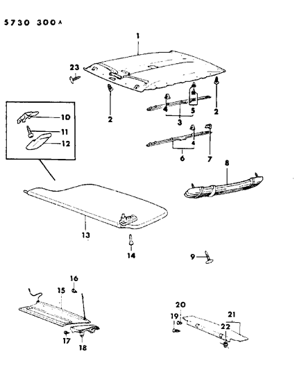 1985 Dodge Colt Headlining, Mouldings, Sunvisor, Assist Strap & Shelf Panel Diagram