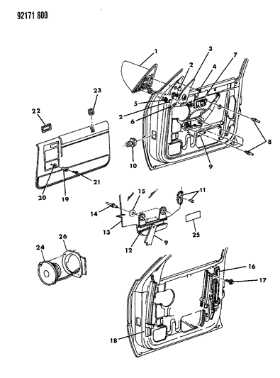 1992 Dodge Shadow Door, Front Glass & Regulator Diagram