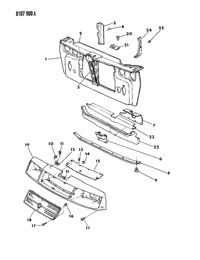 1988 Chrysler LeBaron GTS Grille & Related Parts Diagram