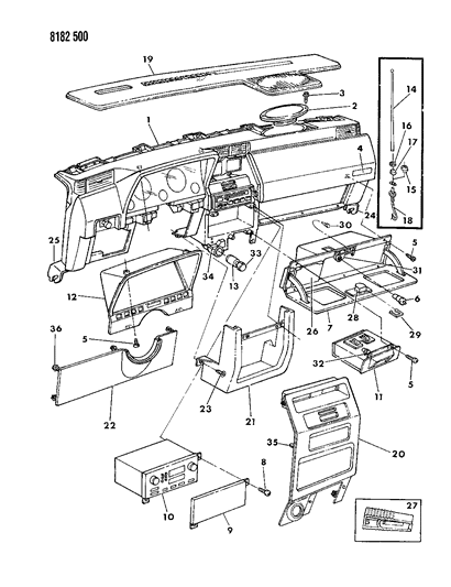 1988 Dodge Shadow Instrument Panel Radio, Bezels, Glovebox, Antenna Diagram