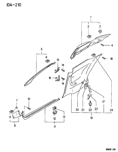1995 Dodge Avenger Upper Quarter Trim Retainer Diagram for MB608152