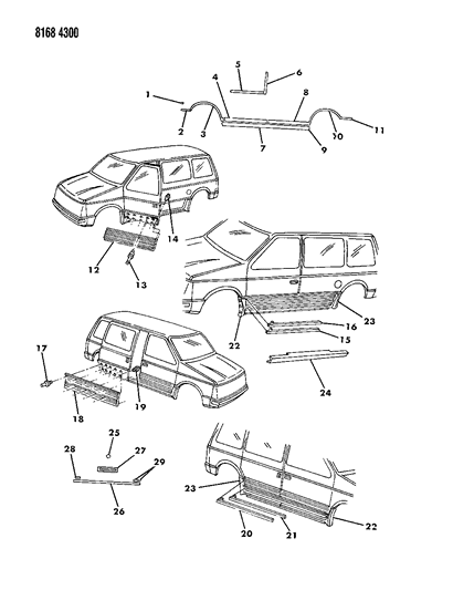 1988 Dodge Caravan Mouldings & Ornamentation - Exterior View Diagram 3 - Thumbnail