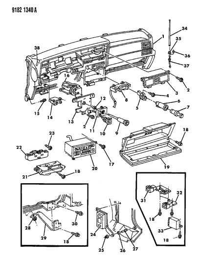 1989 Dodge Spirit Instrument Panel Pad, Controls, Radio & Antenna Diagram