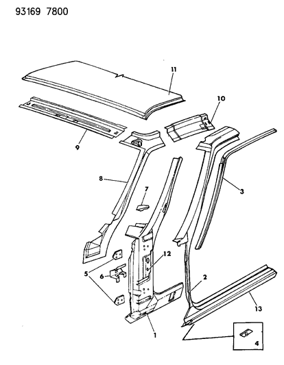 1993 Dodge Daytona Body Front Pillar & Roof Panel Diagram
