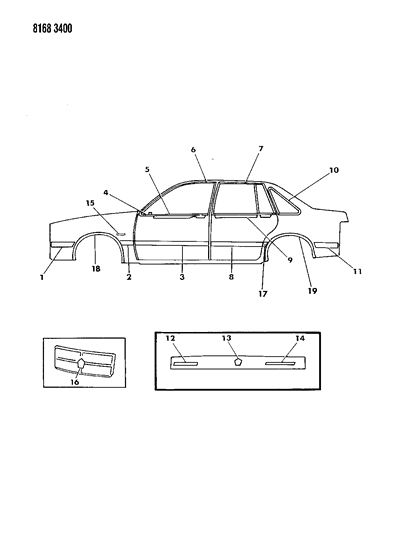 1988 Chrysler LeBaron GTS Mouldings & Ornamentation - Exterior View Diagram