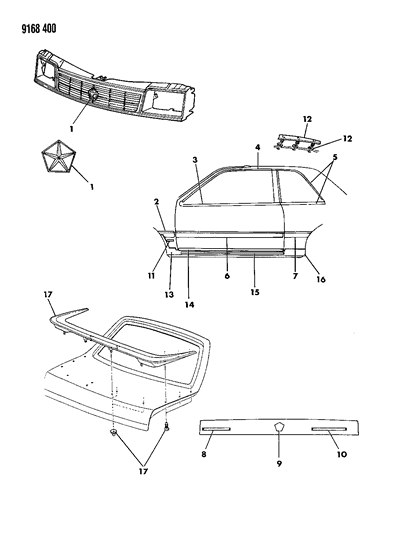 1989 Dodge Shadow Mouldings & Ornamentation - Exterior View Diagram 1 - Thumbnail