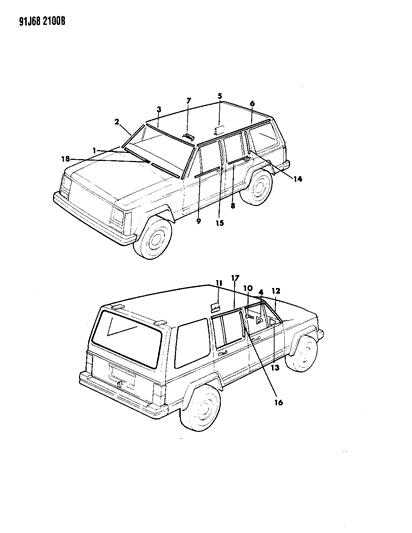 1992 Jeep Cherokee Mouldings, Exterior - Upper Diagram 1 - Thumbnail