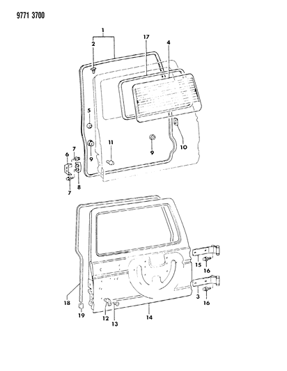 1989 Dodge Raider Door, Rear Shell, Hinges, Glass & Weatherstrips Diagram