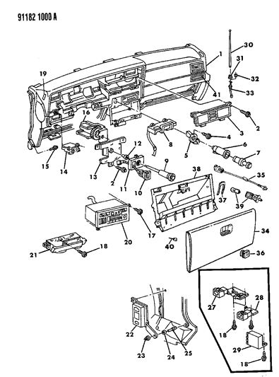 1991 Chrysler LeBaron Sedan Instrument Panel Pad, Controls, Radio & Antenna Diagram