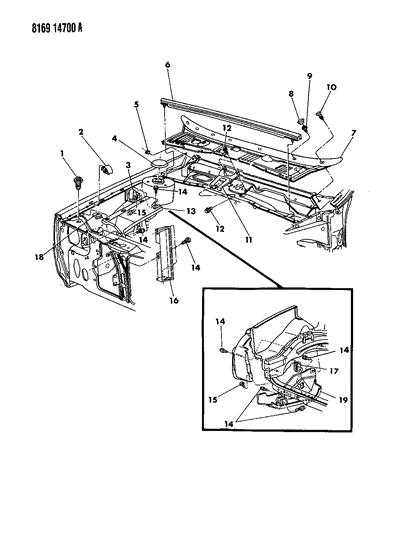 1988 Chrysler New Yorker Base Model Cowl Screen & Engine Shield Diagram