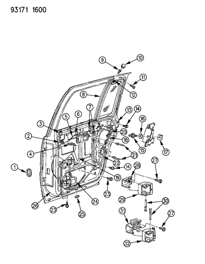 1993 Chrysler LeBaron Sedan Door, Rear Shell, Hinges & Remote Control Diagram