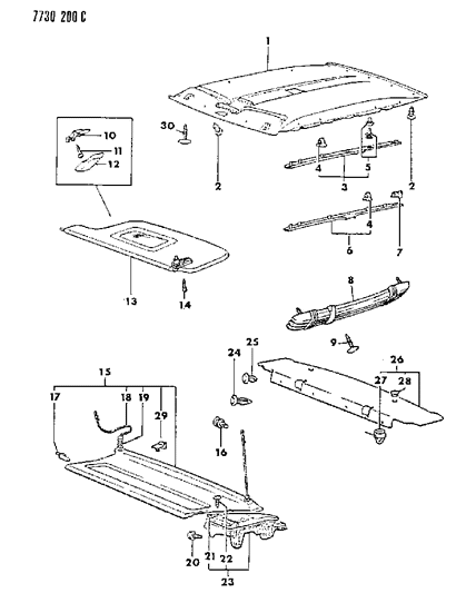 1987 Dodge Colt Headlining, Mouldings, Sunvisor, Assist Strap & Shelf Panel Diagram