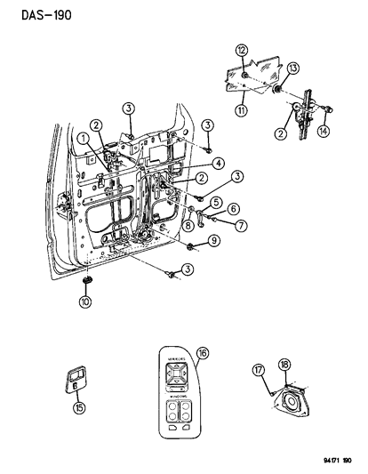 1994 Dodge Caravan Door - Front Glass - Regulator - Speaker Diagram