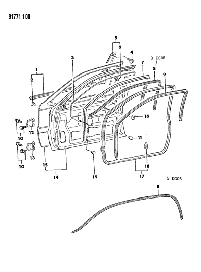 1991 Dodge Colt Door, Front Shell, Glass, Hinges And Weatherstrips Diagram