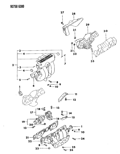 1990 Dodge Ram 50 Manifolds - Intake & Exhaust Diagram 1 - Thumbnail
