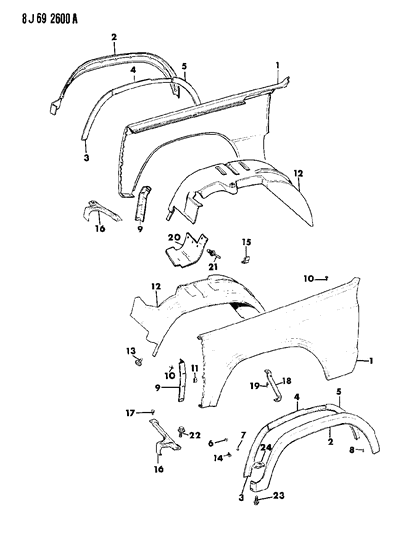 1990 Jeep Comanche Fenders, Front Diagram