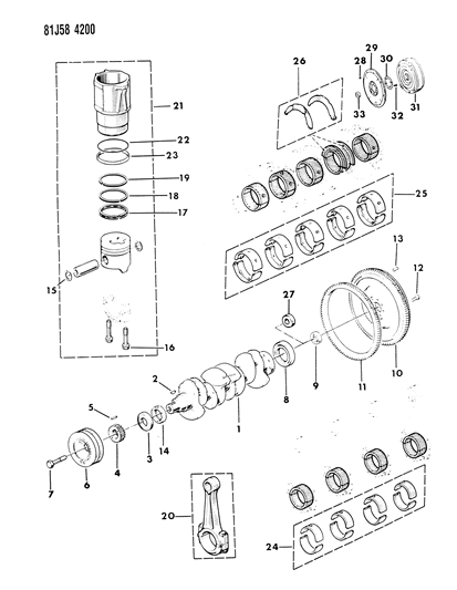 1986 Jeep Comanche Crankshaft , Flywheel And Piston Diagram 2 - Thumbnail