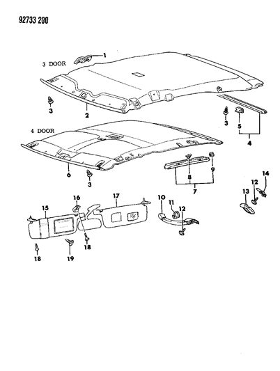 1992 Dodge Colt Headlining , Mouldings , Sunvisor , Assist Strap & Shelf Panel Diagram