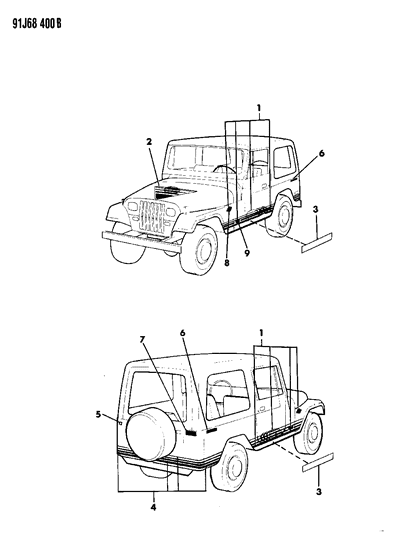 1992 Jeep Wrangler Decals, Bodyside And Rear Diagram 2 - Thumbnail