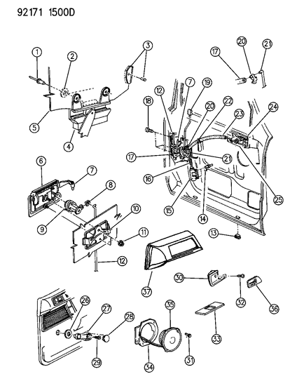 1992 Chrysler LeBaron Sedan Door, Front Glass, Handles & Controls Diagram