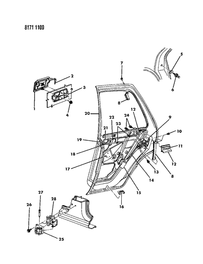 1988 Dodge Shadow Door, Rear Shell, Handle & Control Diagram