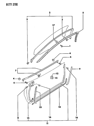 1991 Dodge Stealth Door, Front Runs & Weatherstrips Diagram