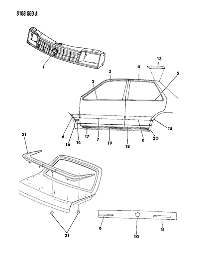 1988 Dodge Shadow Mouldings & Ornamentation - Exterior View Diagram 2 - Thumbnail