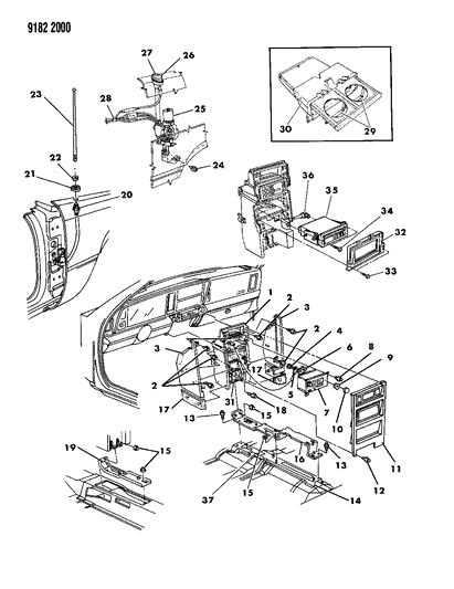 1989 Chrysler LeBaron GTC Instrument Panel Console, Radio, Disc Player & Antenna Diagram