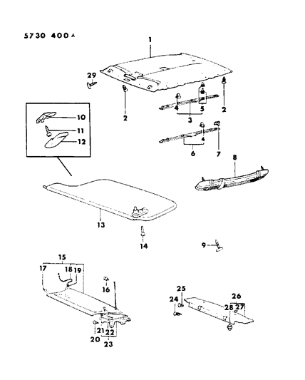 1986 Dodge Colt Headlining, Mouldings, Sunvisor, Assist Strap & Shelf Panel Diagram